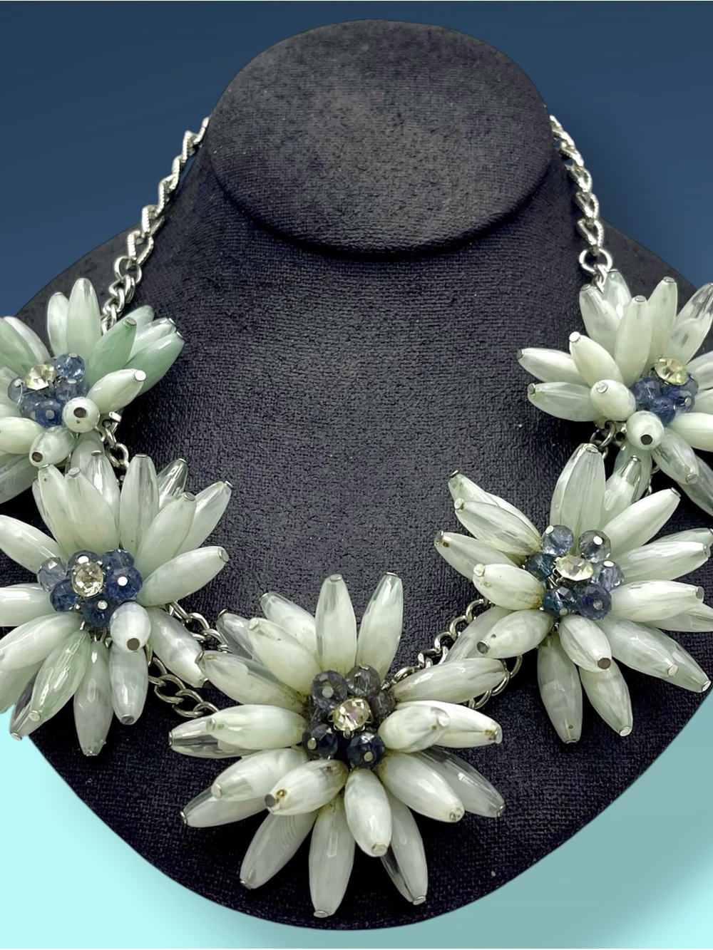 Vintage Pastel Blue Plastic Flower Cluster Statement Necklace Rhinestone Accents